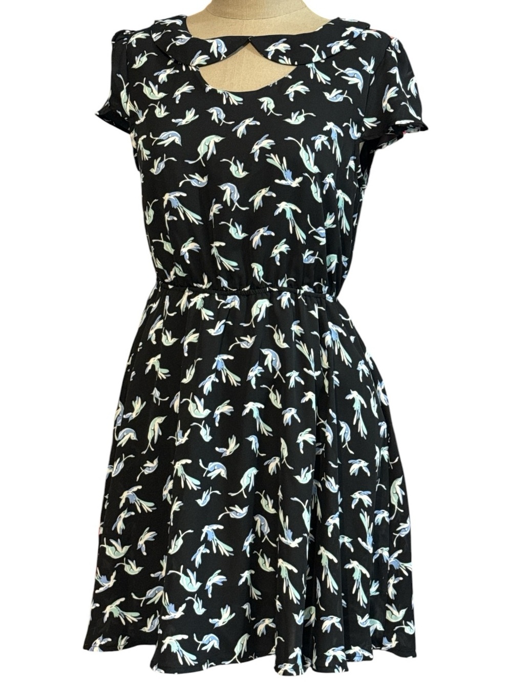 LC Lauren Conrad Black Fit & Flare Mini Dress w/ Cream & Light Blue Bird Print